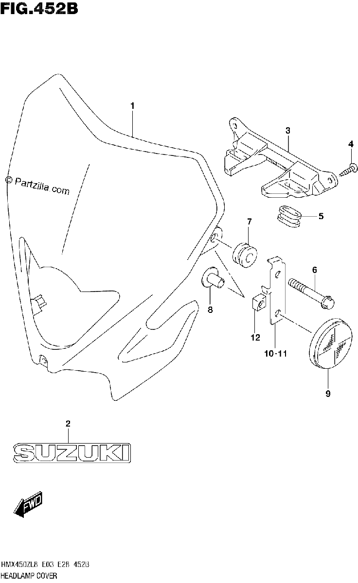 Diagrama de 452B HEADLAMP COVER RMX450ZL8 E28