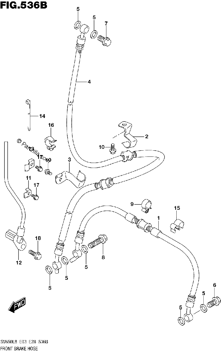 Diagrama de 536B FRONT BRAKE HOSE SV650L8 E33