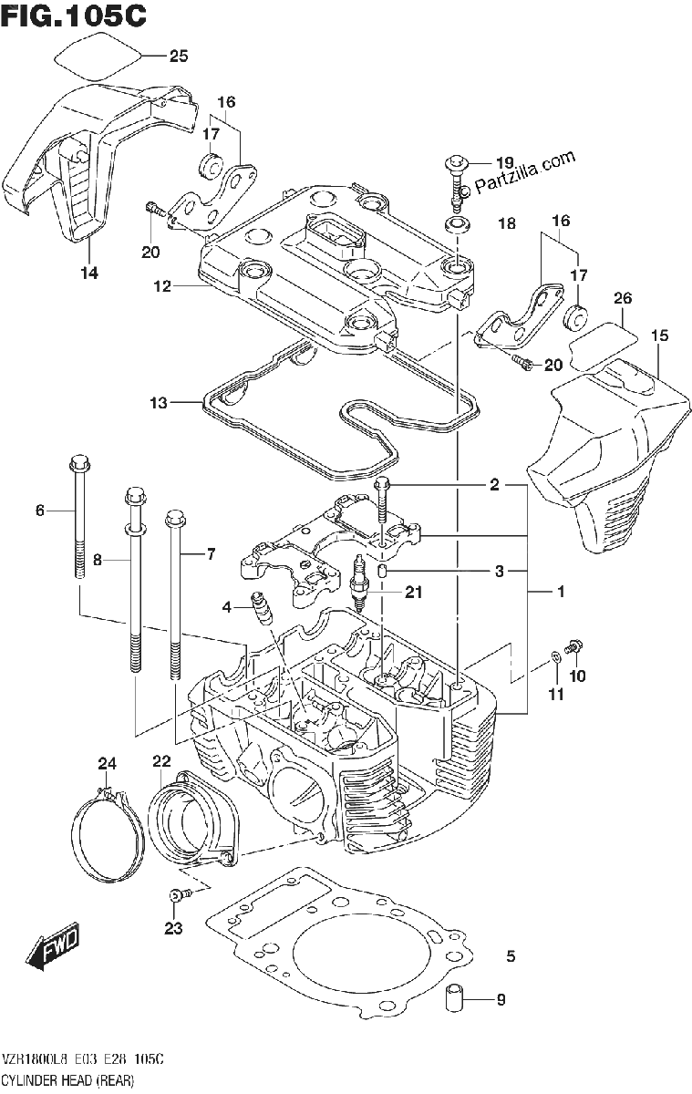 Diagrama de 105C CYLINDER HEAD REAR VZR1800BZL8 E28