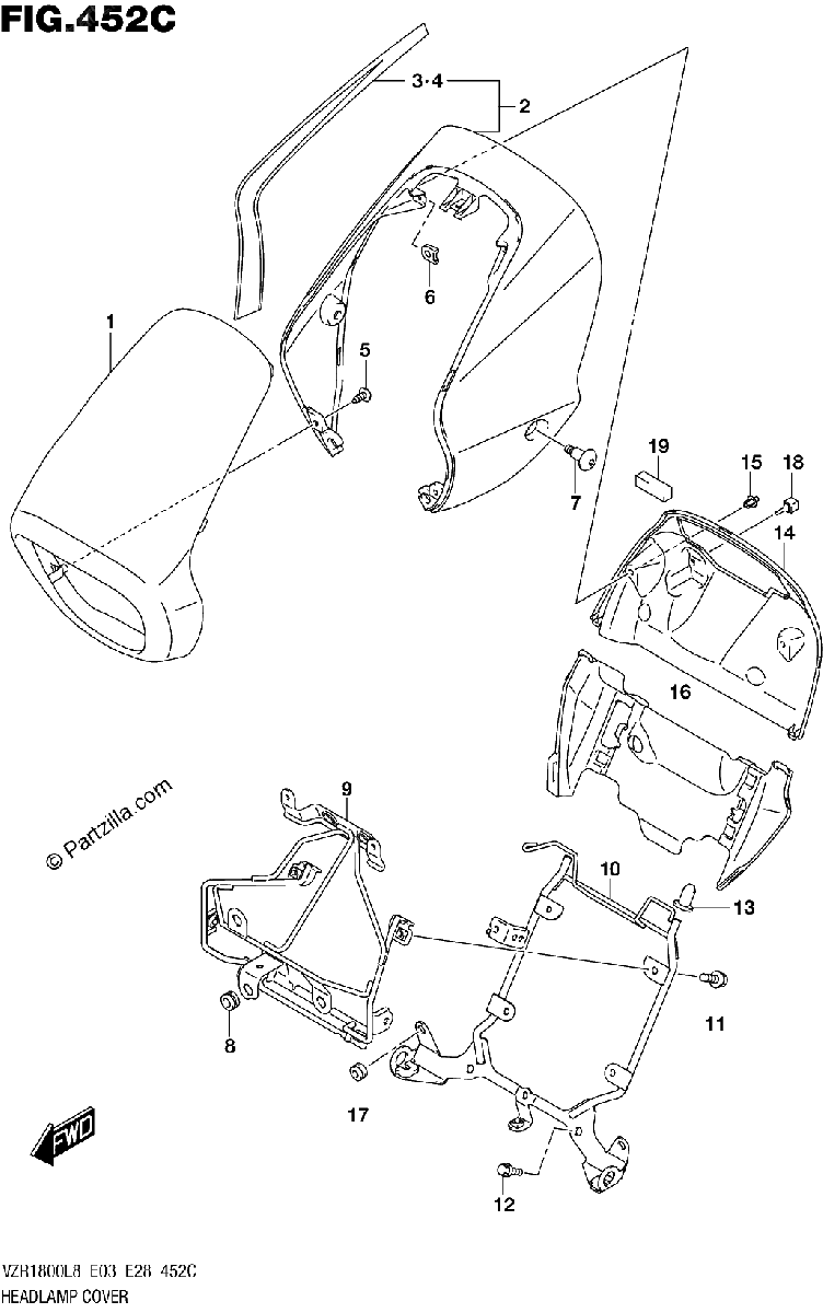 Diagrama de 452C HEADLAMP COVER VZR1800BZL8 E03 JRU