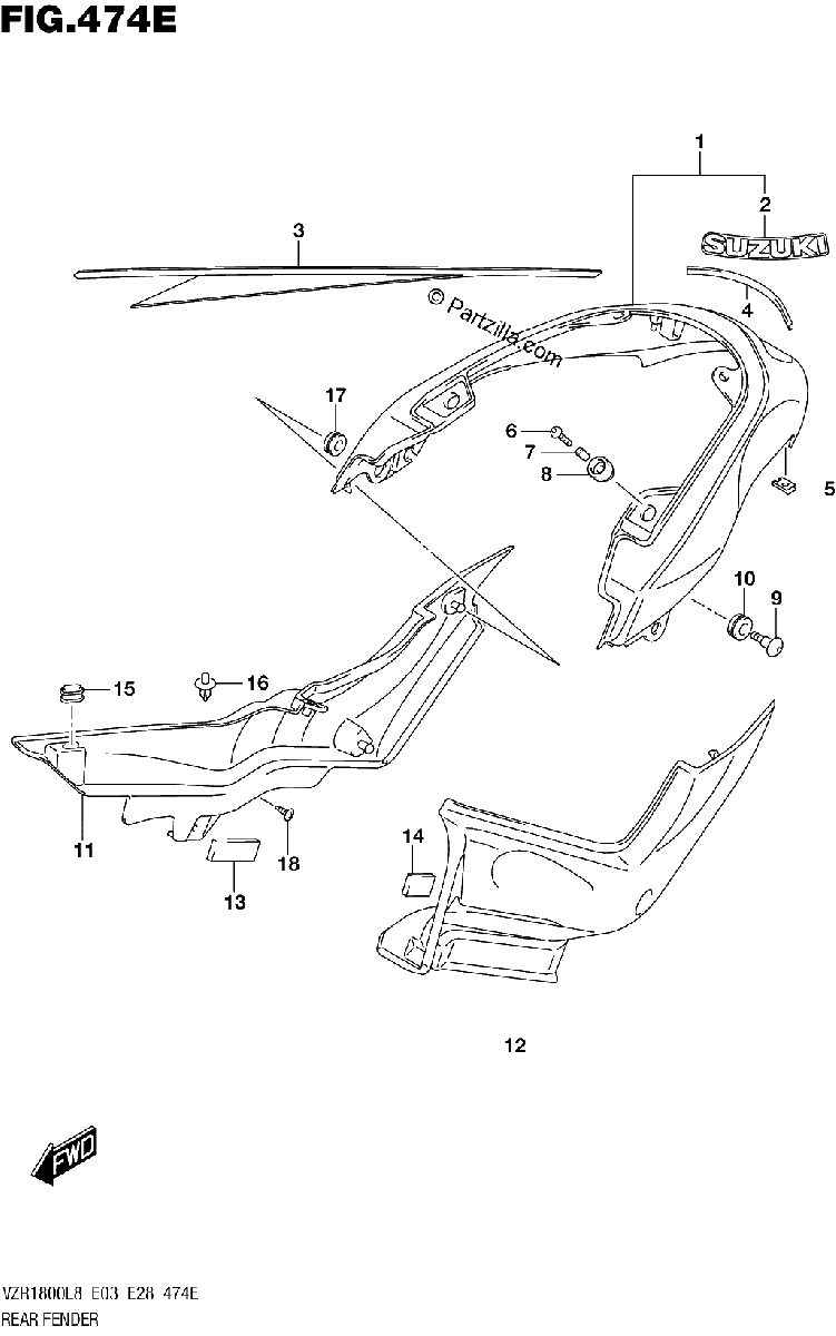 Diagrama de 474E REAR FENDER VZR1800BZL8 E28 JRU