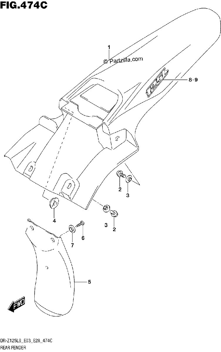 Diagrama de 474C REAR FENDER DR Z125LL9 E28