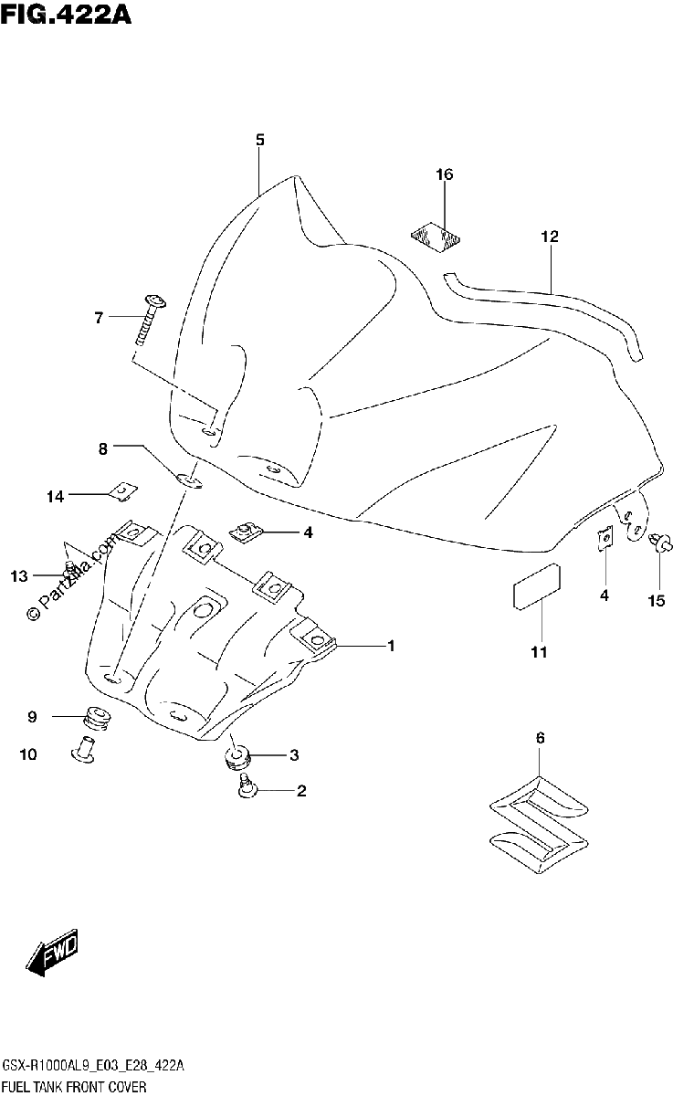 Diagrama de 422A FUEL TANK FRONT COVER GSX R1000A E03 E28
