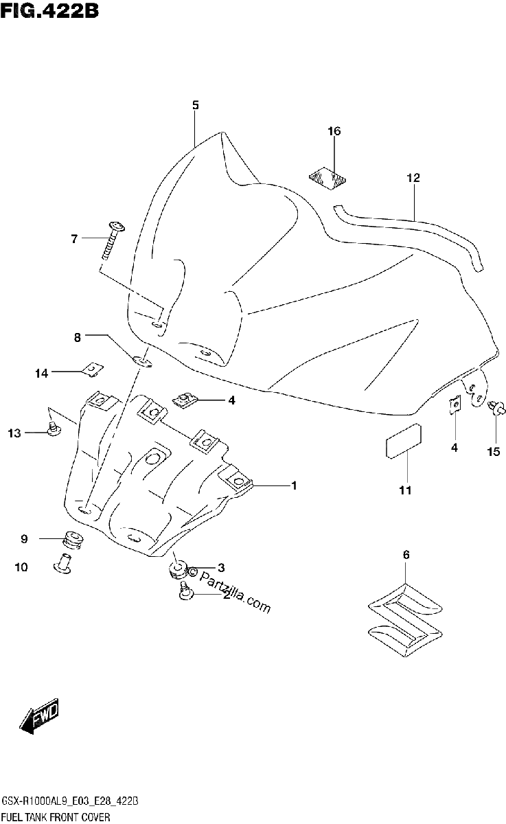 Diagrama de 422B FUEL TANK FRONT COVER GSX R1000A E33