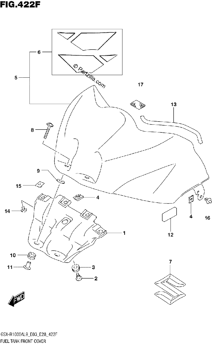 Diagrama de 422F FUEL TANK FRONT COVER SEE NOTE 1