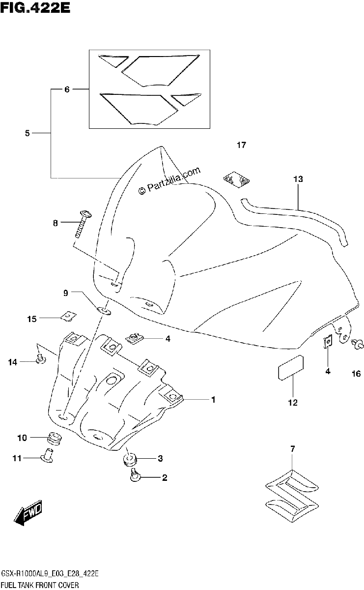 Diagrama de 422E FUEL TANK FRONT COVER GSX R1000RA GSX R1000RZA E33