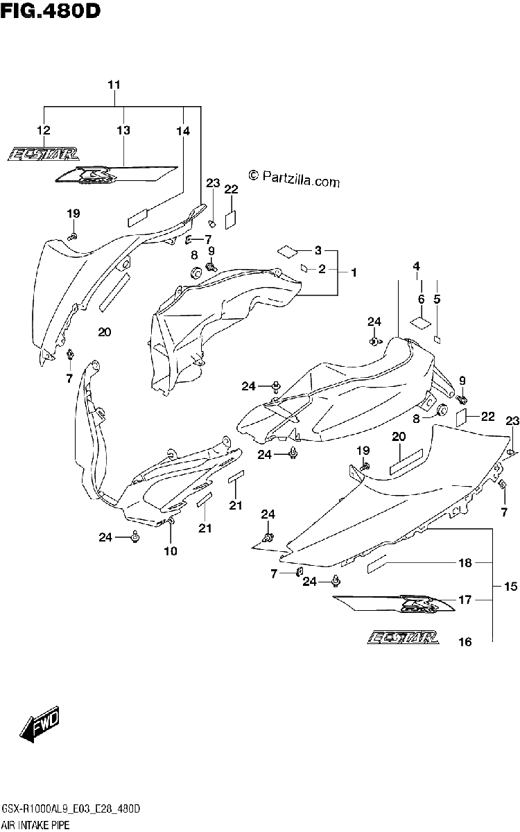 Diagrama de 480D AIR INTAKE PIPE GSX R1000RA SEE NOTE 1