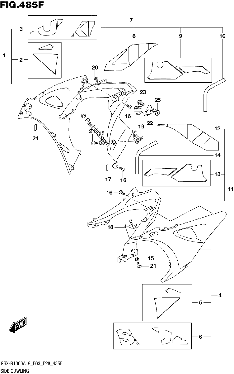 Diagrama de 485F SIDE COWLING GSX R1000RZA