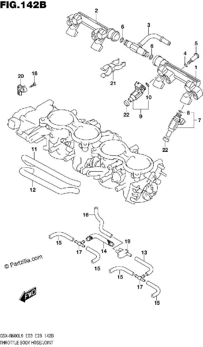Diagrama de 142B THROTTLE BODY HOSE JOINT GSX R600L9 E28