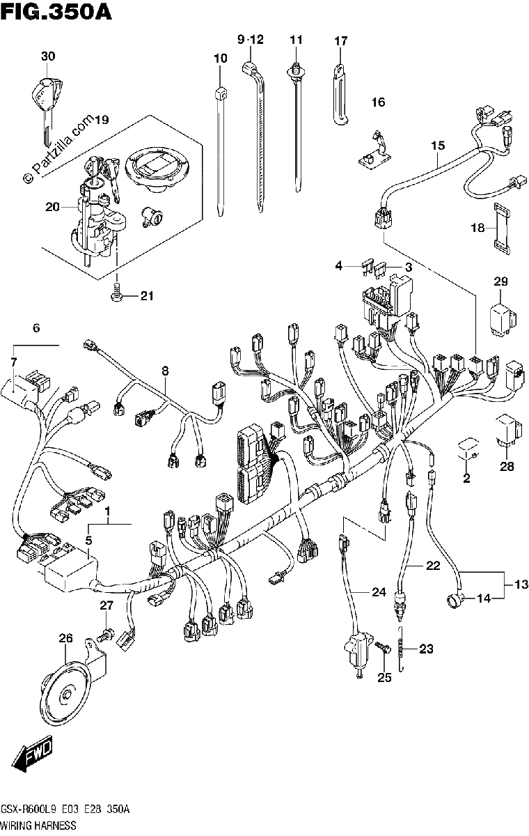 Diagrama de 350A WIRING HARNESS GSX R600L9 E03