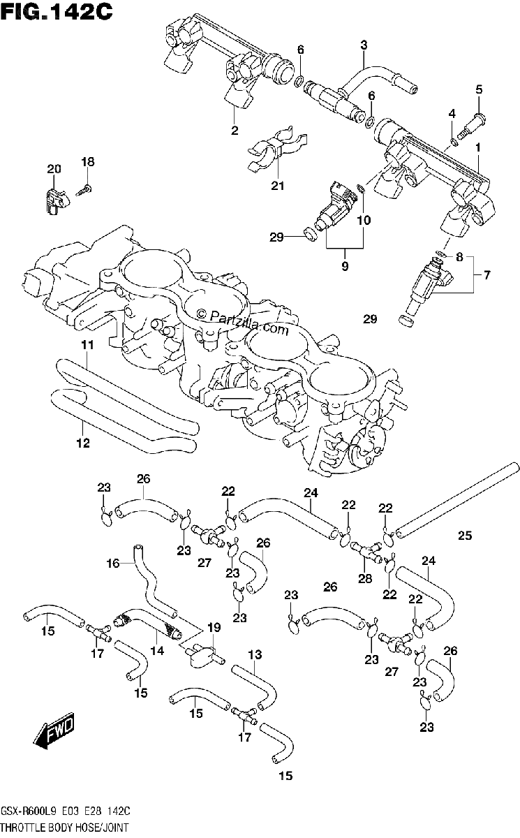 Diagrama de THROTTLE BODY HOSE JOINT GSX R600L9 E33