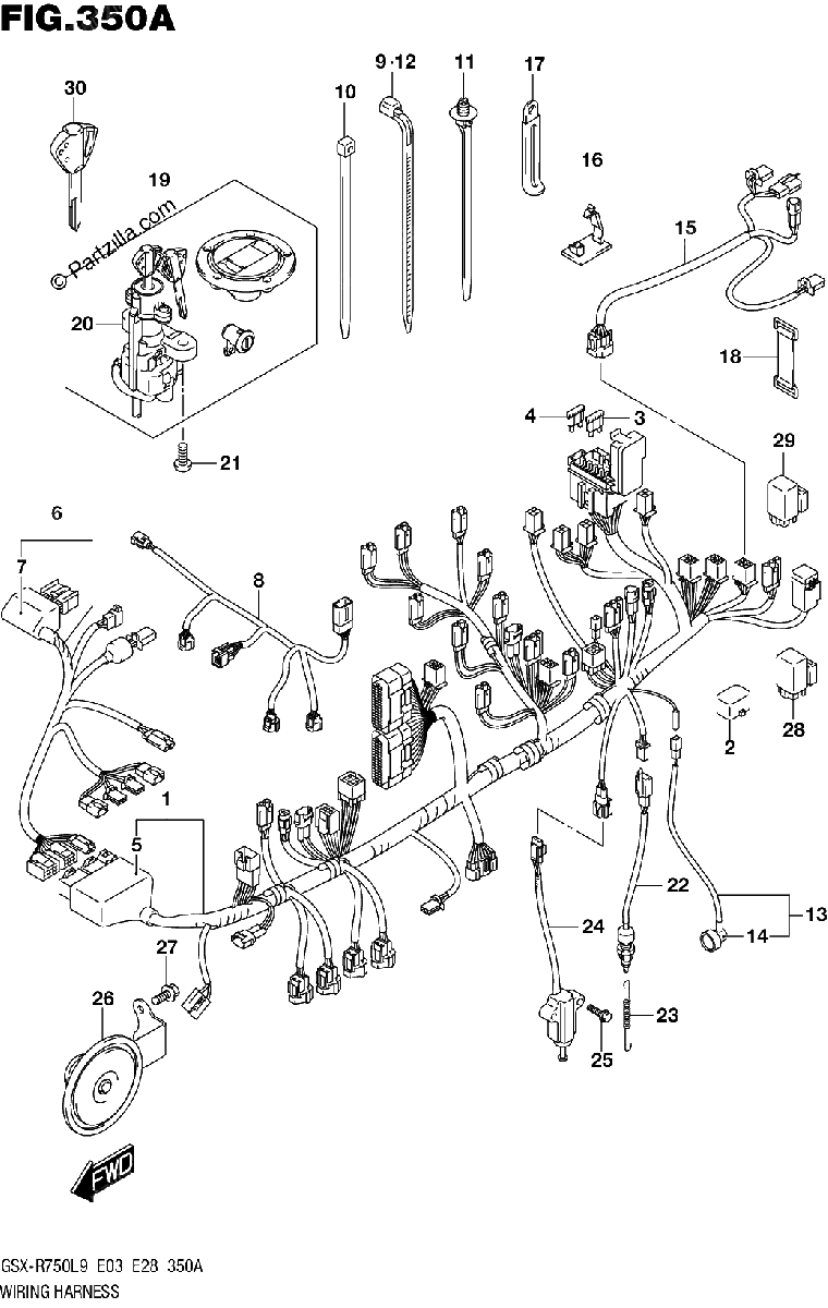 Diagrama de 350A WIRING HARNESS GSX R750L9 E03