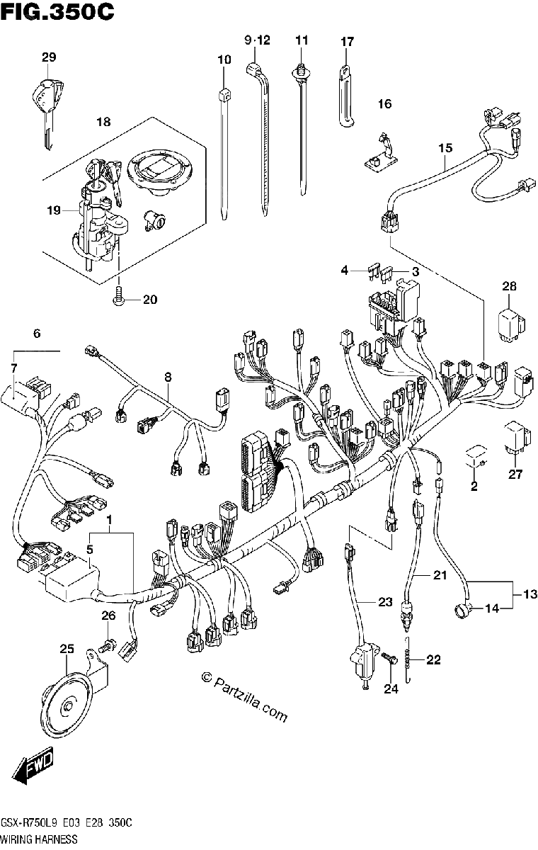 Diagrama de 350C WIRING HARNESS GSX R750L9 E33