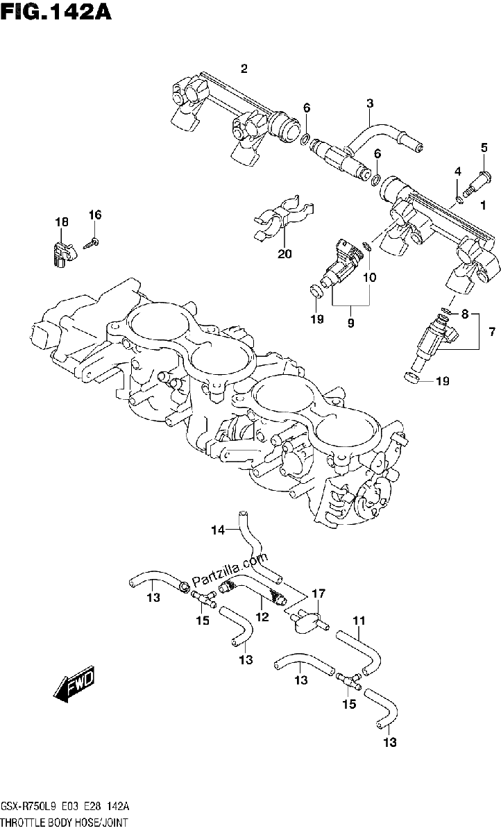 Diagrama de THROTTLE BODY HOSE JOINT GSX R750L9 E03