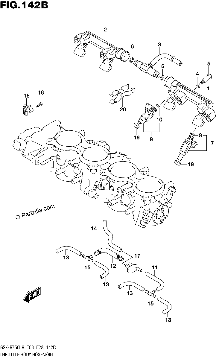 Diagrama de THROTTLE BODY HOSE JOINT GSX R750L9 E28