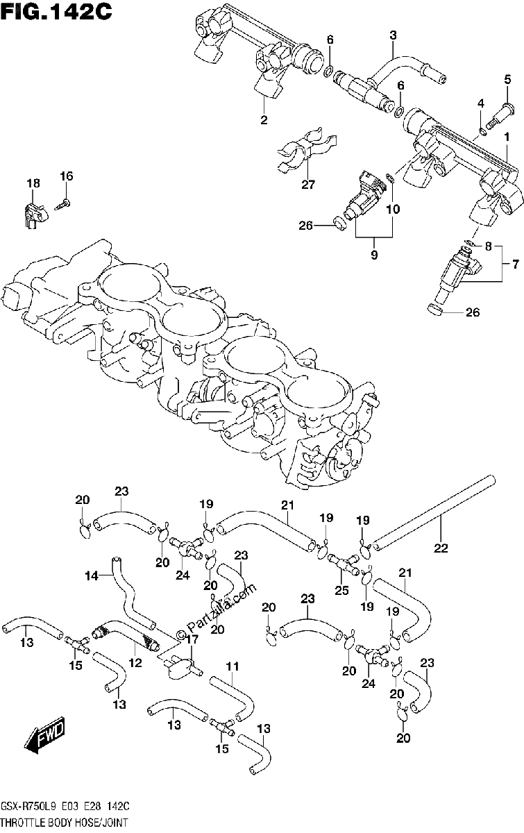 Diagrama de THROTTLE BODY HOSE JOINT GSX R750L9 E33