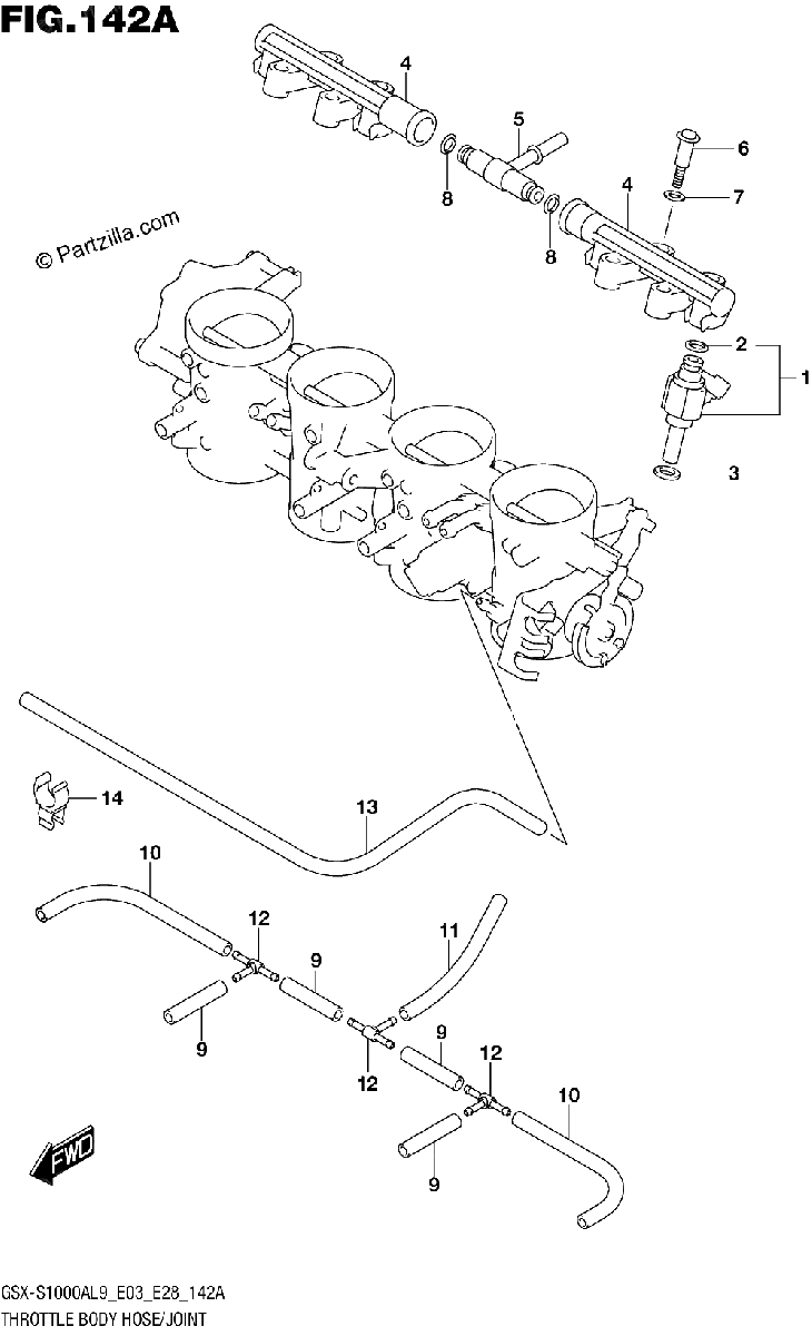 Diagrama de 142A THROTTLE BODY HOSE JOINT GSX S1000AL9 E03