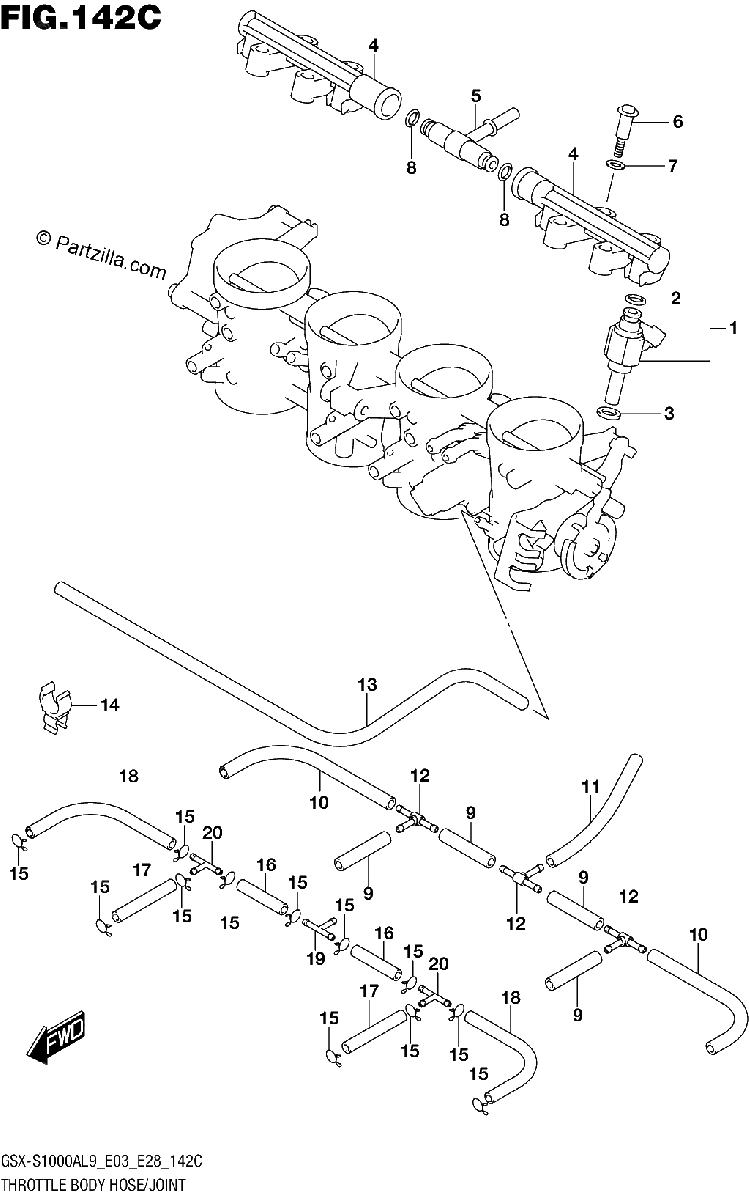 Diagrama de 142C THROTTLE BODY HOSE JOINT GSX S1000AL9 E33