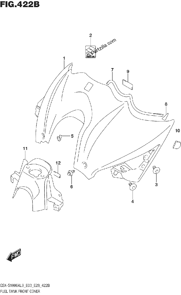 Diagrama de 422B FUEL TANK FRONT COVER GSX S1000AL9 E28