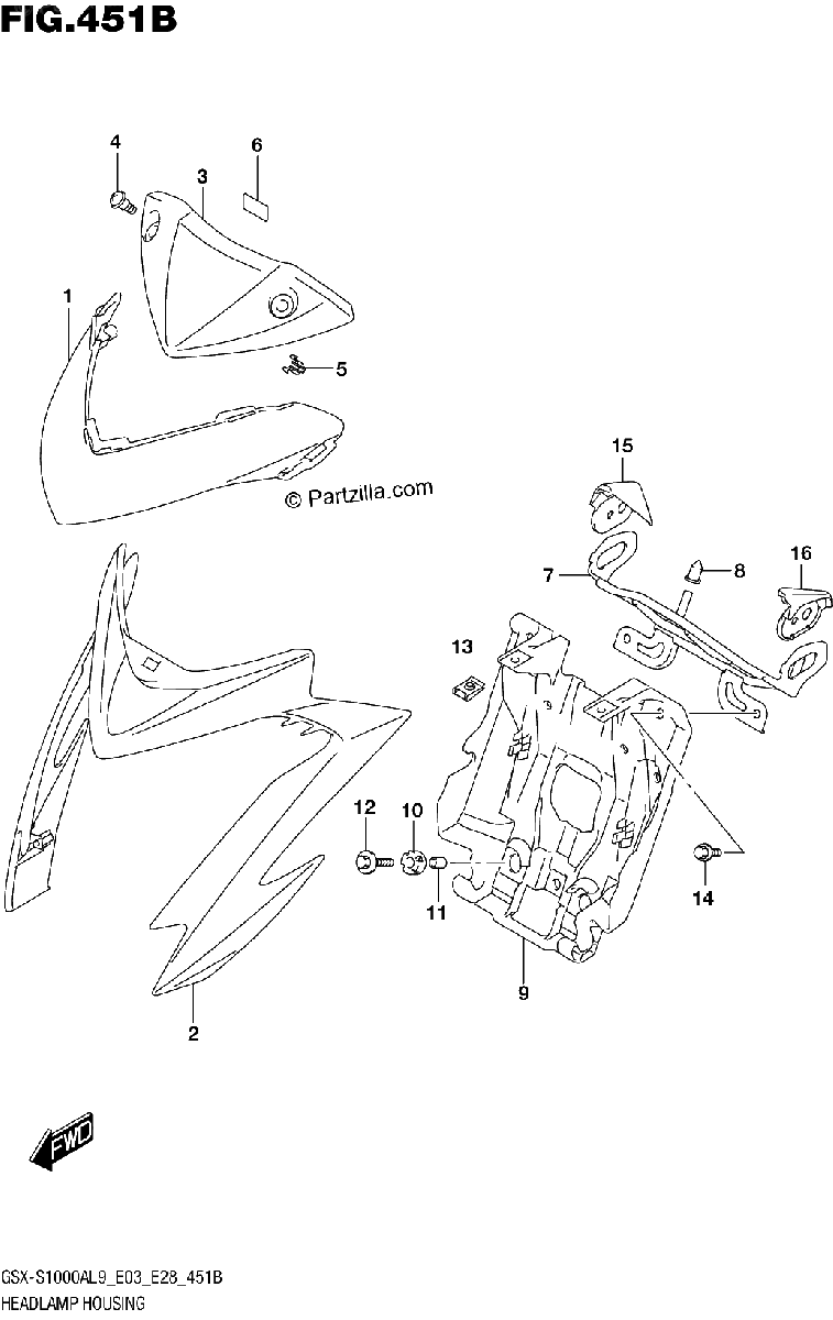 Diagrama de 451B HEADLAMP HOUSING GSX S1000AL9 E28