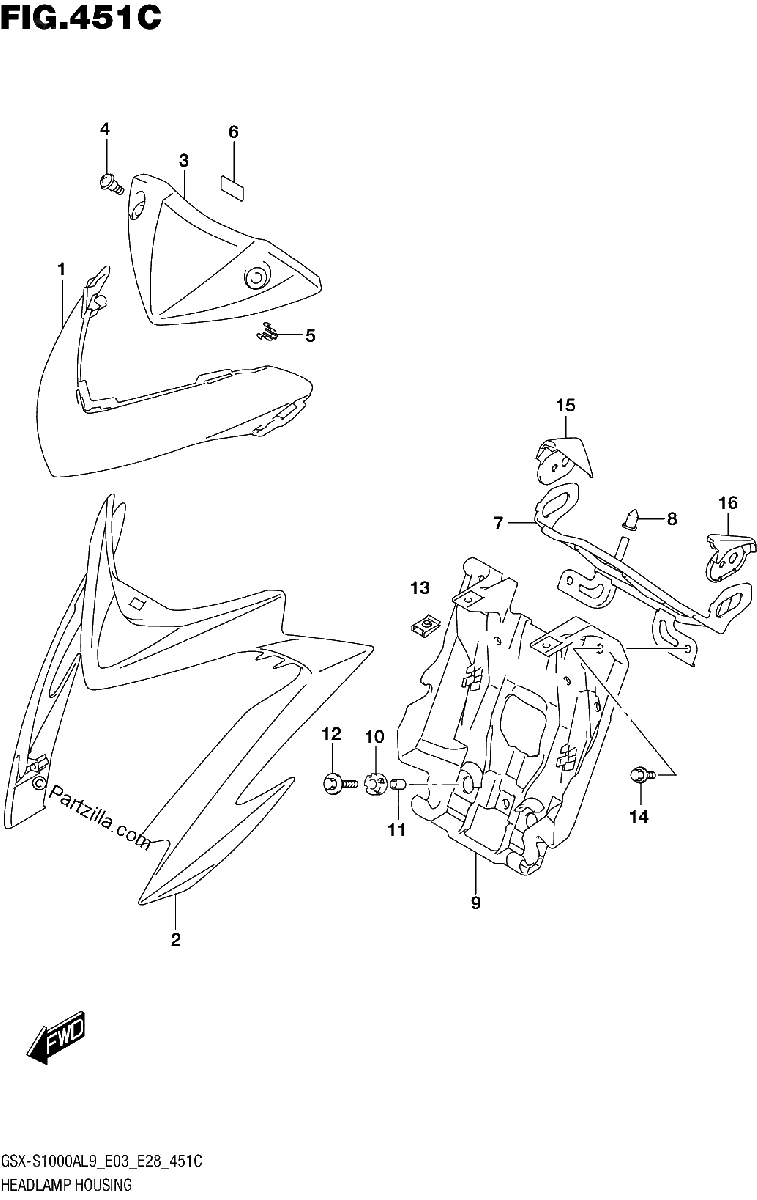 Diagrama de 451C HEADLAMP HOUSING GSX S1000AL9 E33