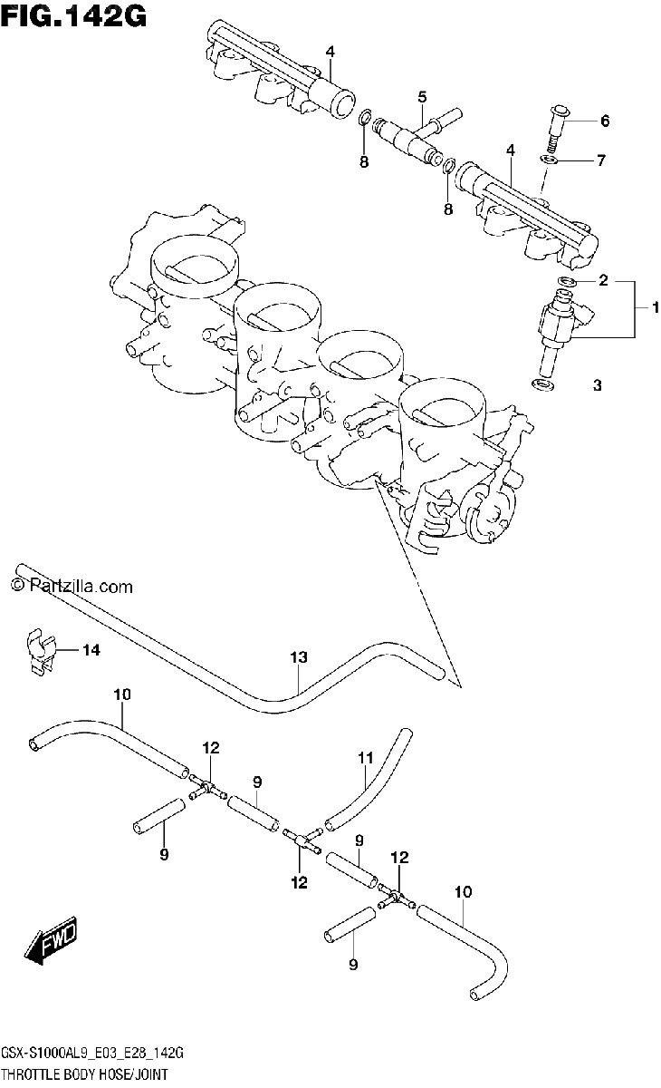 Diagrama de 142G THROTTLE BODY HOSE JOINT GSX S1000AZL9 E03