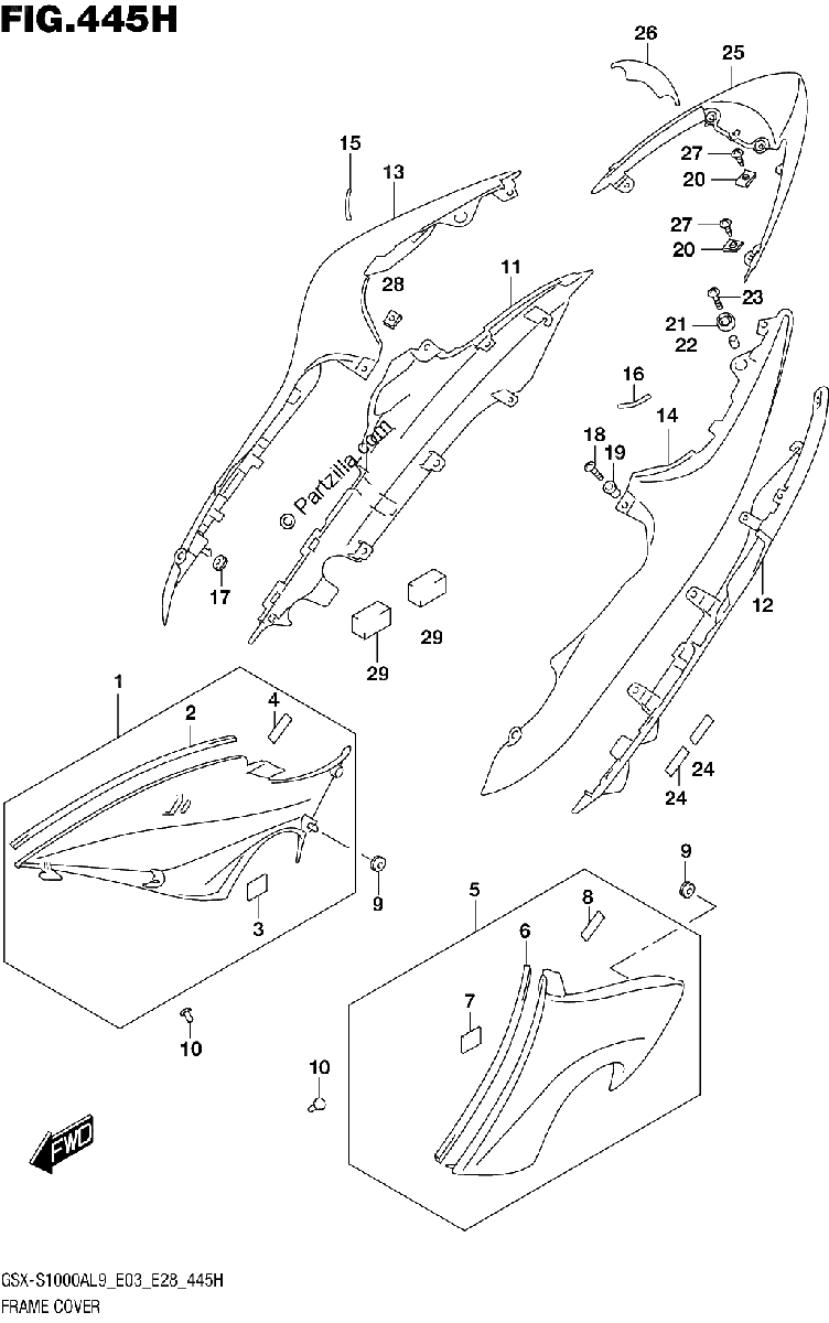 Diagrama de 445H FRAME COVER GSX S1000AZL9 E28