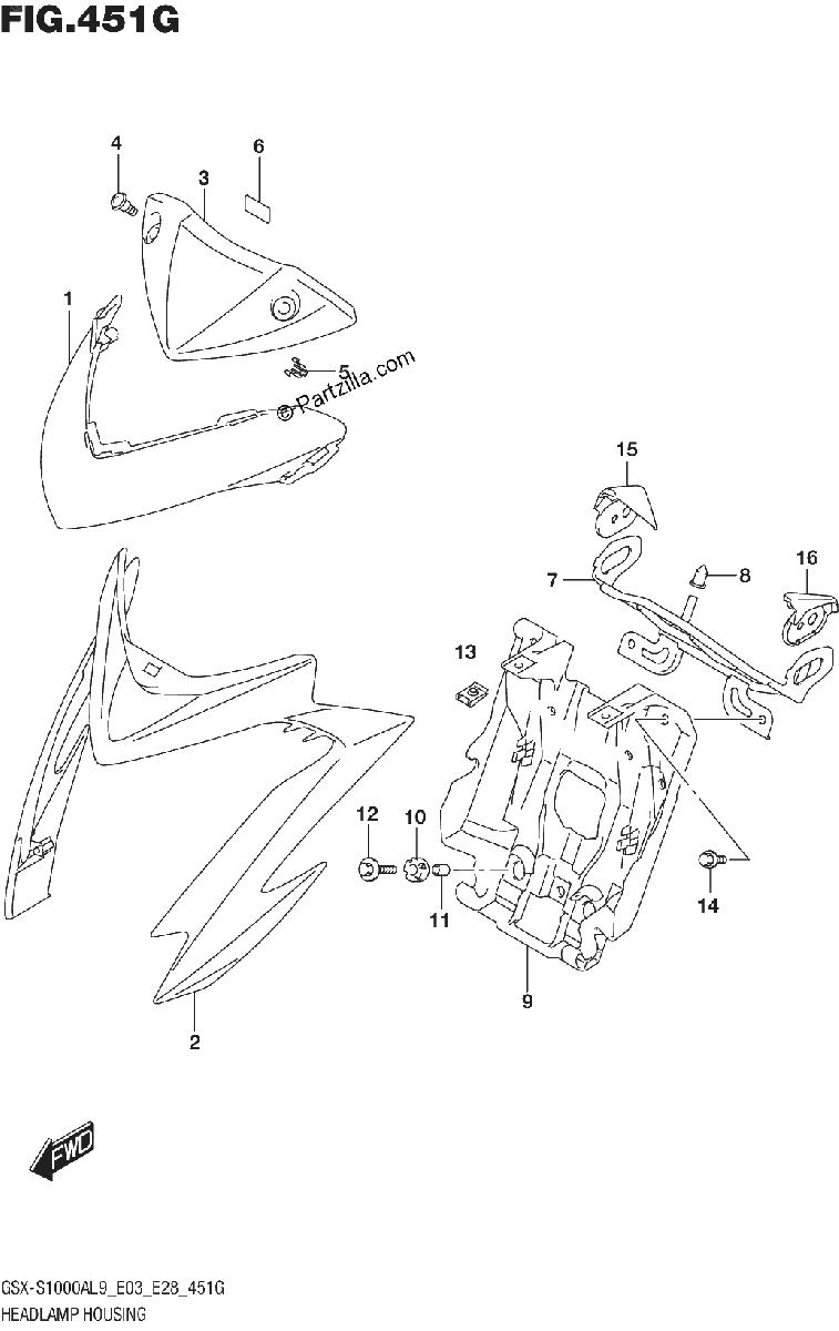 Diagrama de 451G HEADLAMP HOUSING GSX S1000AZL9 E03