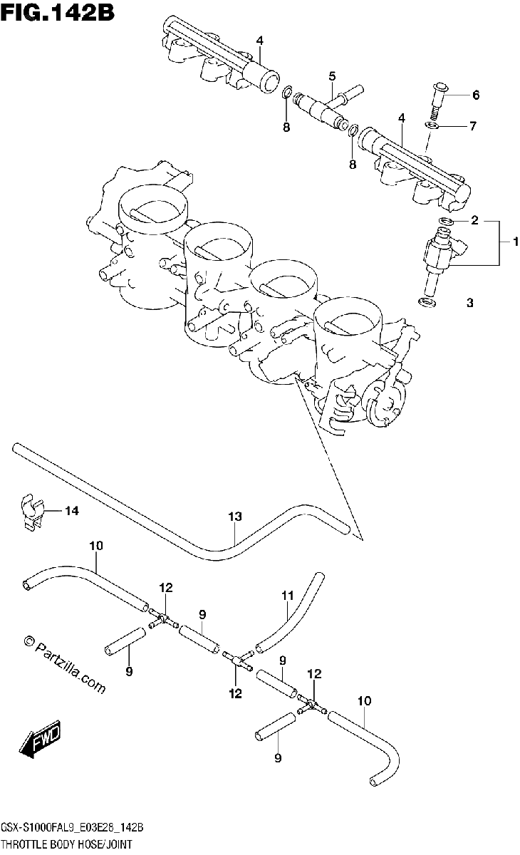 Diagrama de 142B THROTTLE BODY HOSE JOINT GSX S1000FAL9 E28