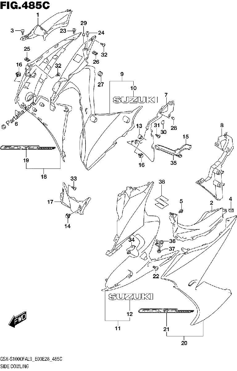 Diagrama de 485C SIDE COWLING GSX S1000FAL9 E33