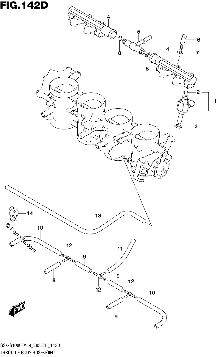 Diagrama de 142D THROTTLE BODY HOSE JOINT GSX S1000FYAL9 E03