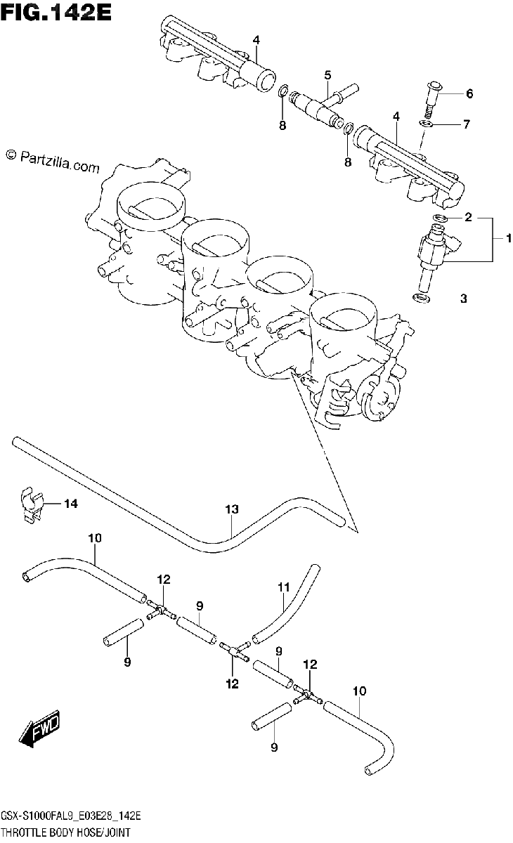 Diagrama de 142E THROTTLE BODY HOSE JOINT GSX S1000FYAL9 E28