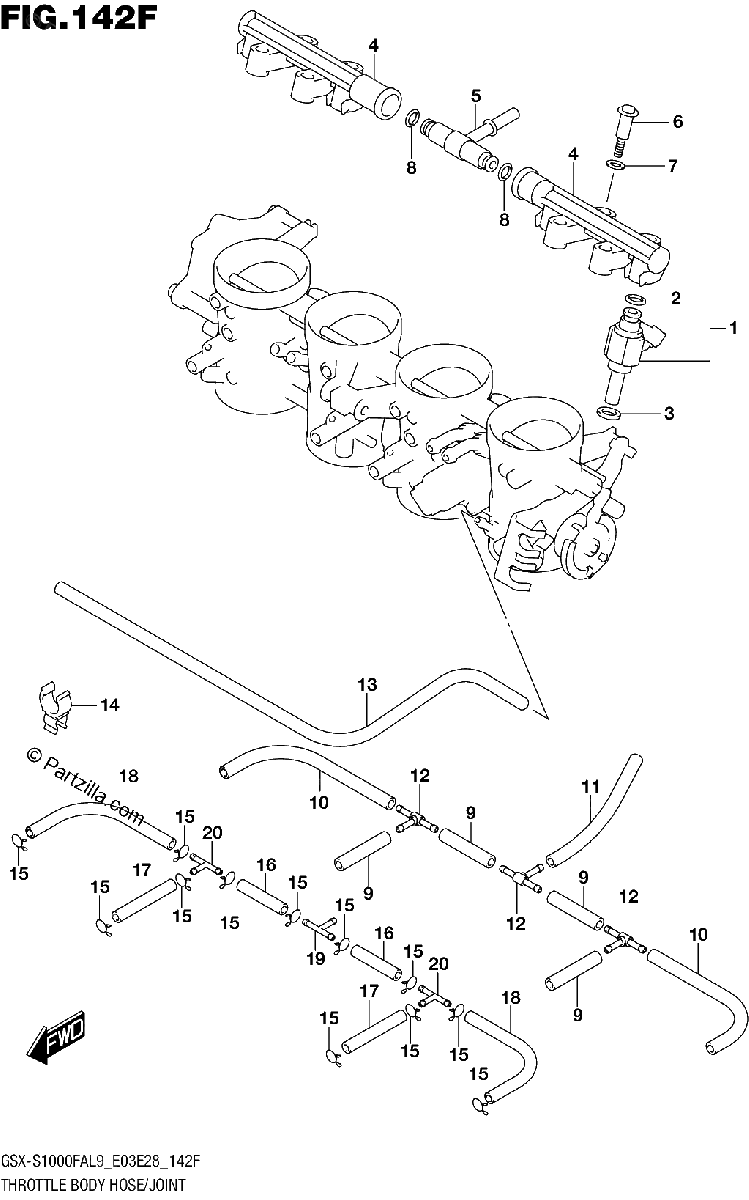 Diagrama de 142F THROTTLE BODY HOSE JOINT GSX S1000FYAL9 E33