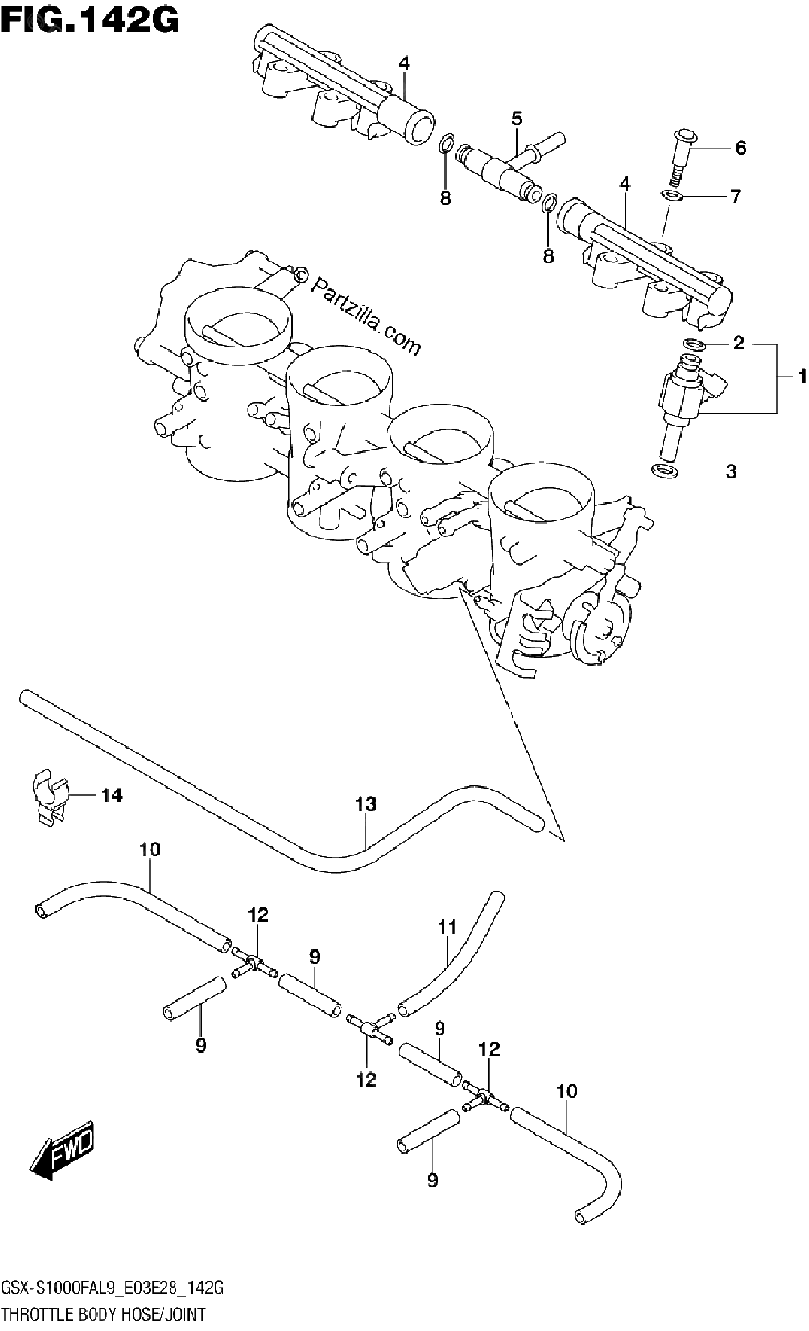 Diagrama de 142G THROTTLE BODY HOSE JOINT GSX S1000FZAL9 E03