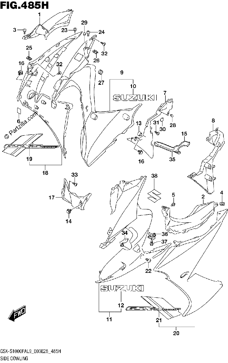 Diagrama de 485H SIDE COWLING GSX S1000FZAL9 E28