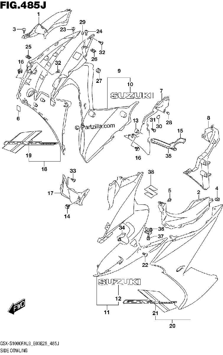 Diagrama de 485J SIDE COWLING GSX S1000FZAL9 E33