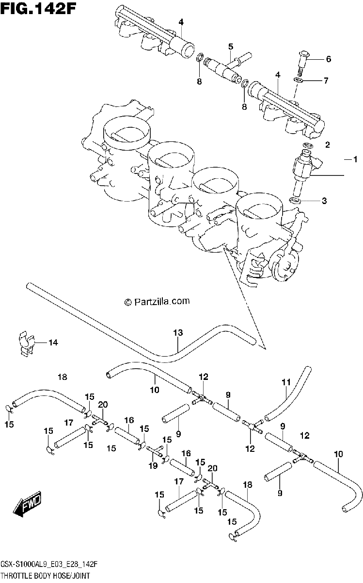 Diagrama de 142F THROTTLE BODY HOSE JOINT GSX S1000YAL9 E33