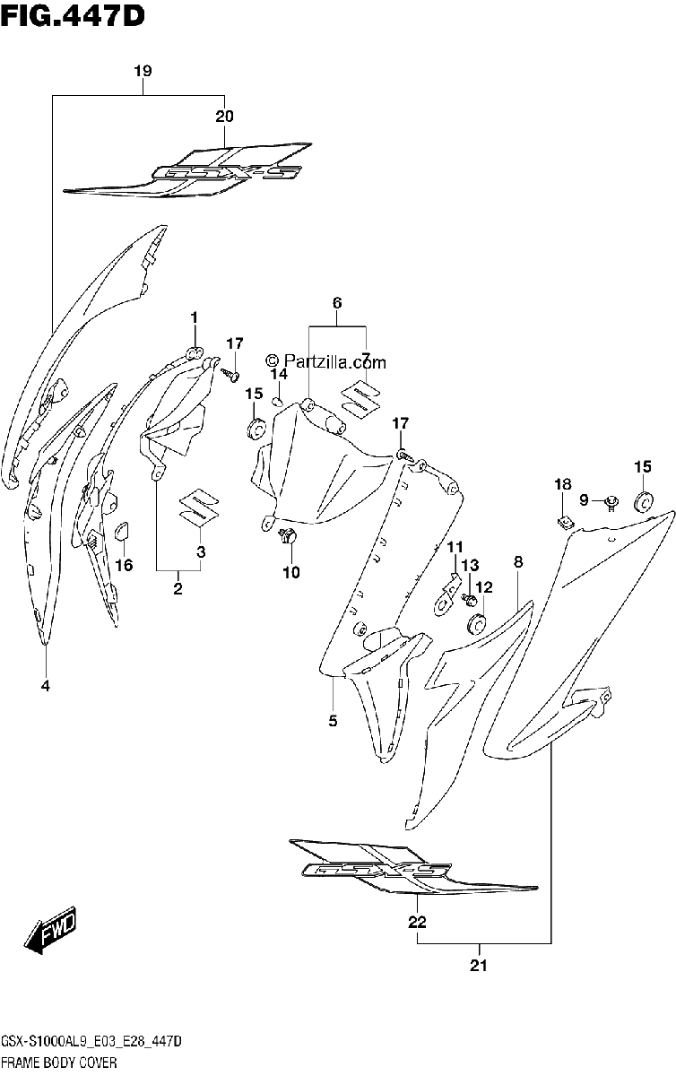 Diagrama de 447D FRAME BODY COVER GSX S1000YAL9 E03