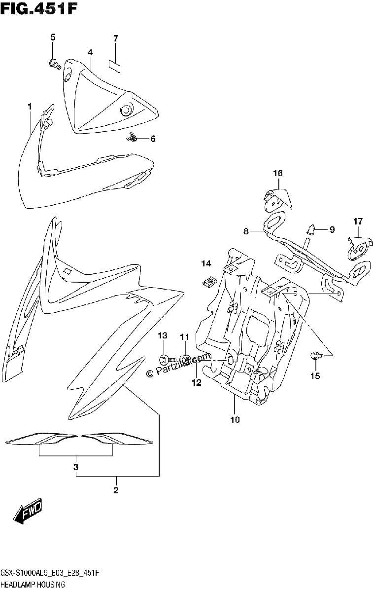 Diagrama de 451F HEADLAMP HOUSING GSX S1000YAL9 E33