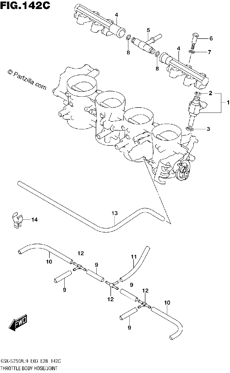 Diagrama de 142C THROTTLE BODY HOSE JOINT GSX S750AL9 E28