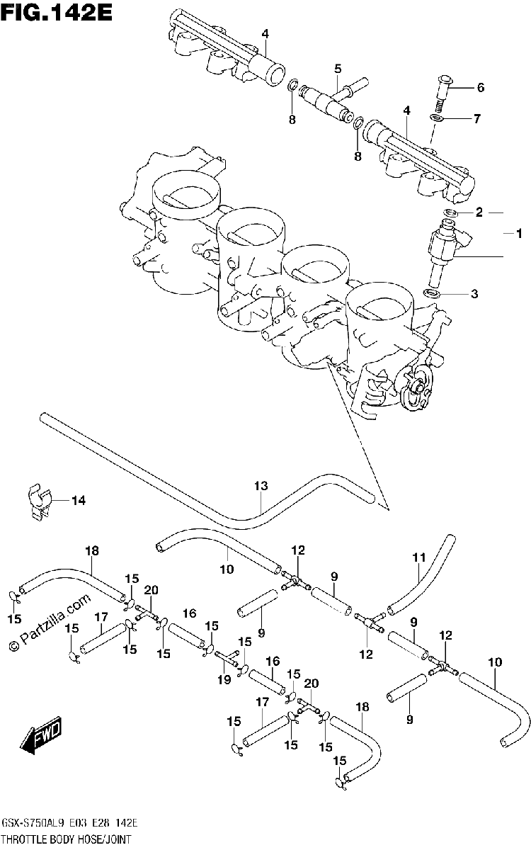 Diagrama de 142E THROTTLE BODY HOSE JOINT GSX S750YAL9 E33