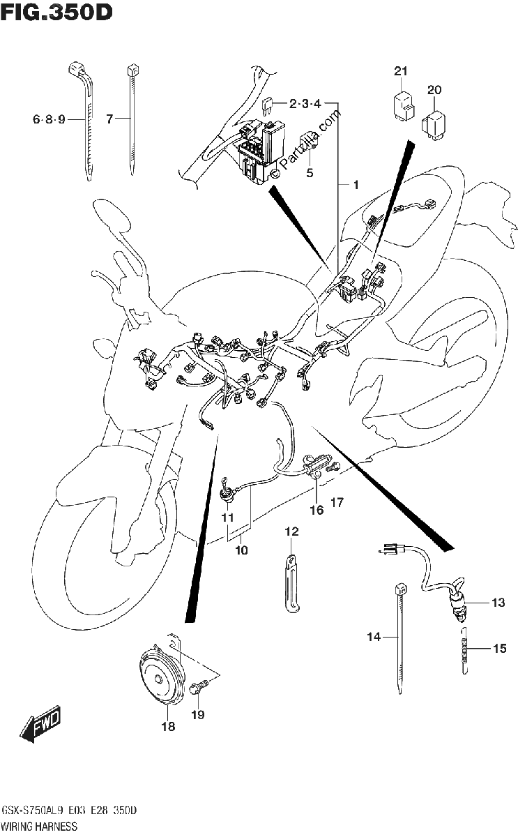 Diagrama de 350D WIRING HARNESS GSX S750YAL9 E28