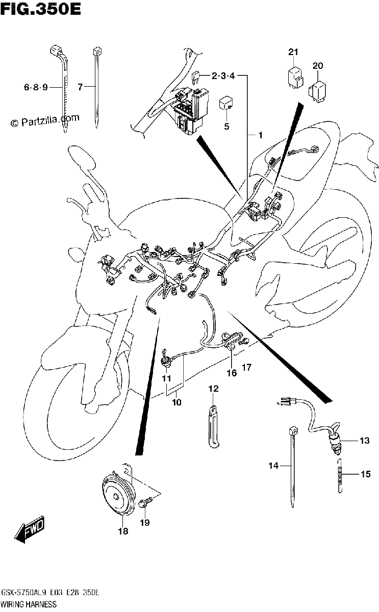 Diagrama de 350E WIRING HARNESS GSX S750YAL9 E33