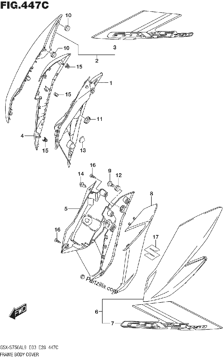 Diagrama de 447C FRAME BODY COVER GSX S750AL9 E28