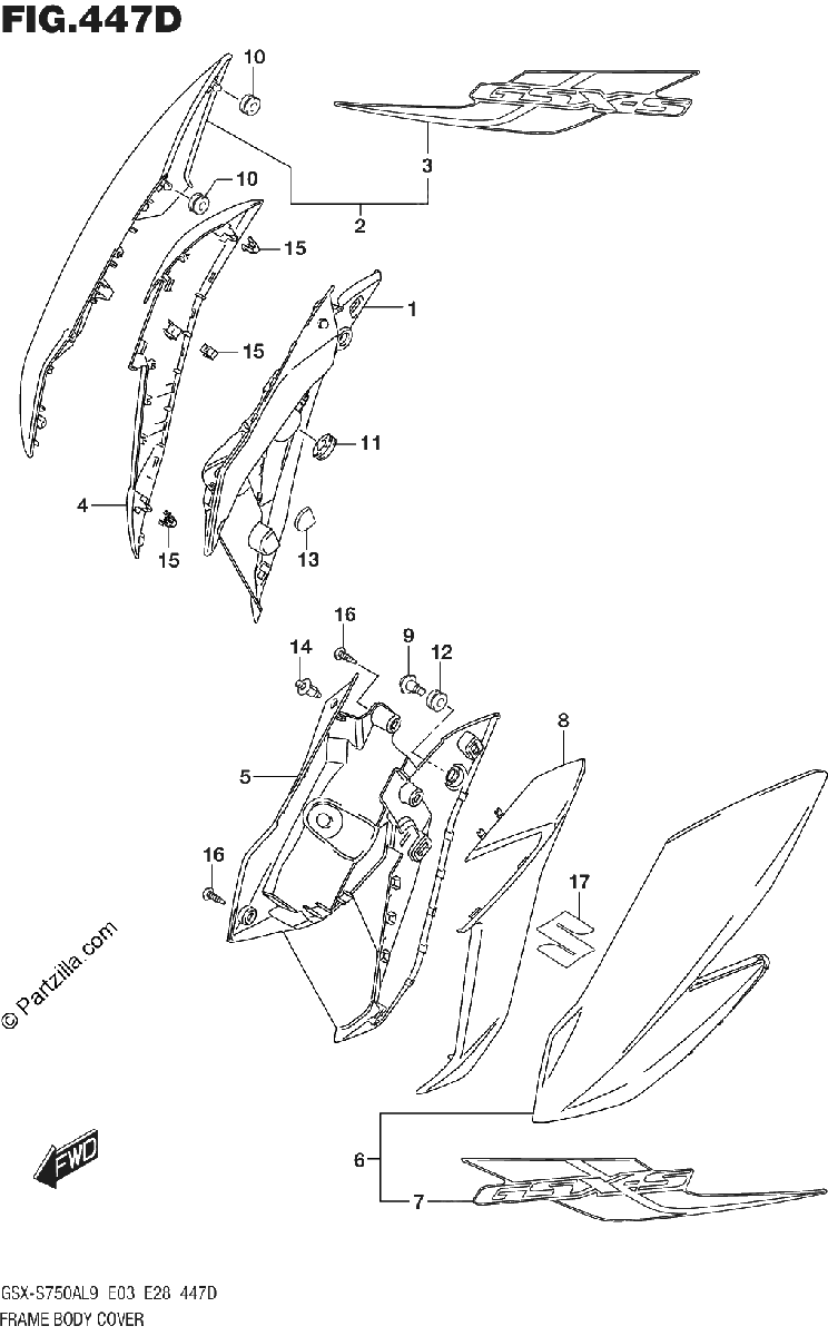 Diagrama de 447D FRAME BODY COVER GSX S750YAL9 E28