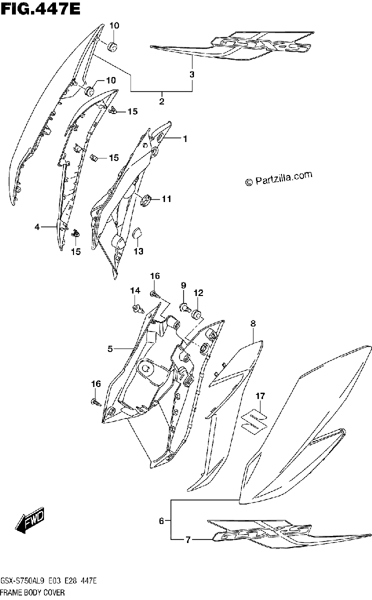 Diagrama de 447E FRAME BODY COVER GSX S750YAL9 E33