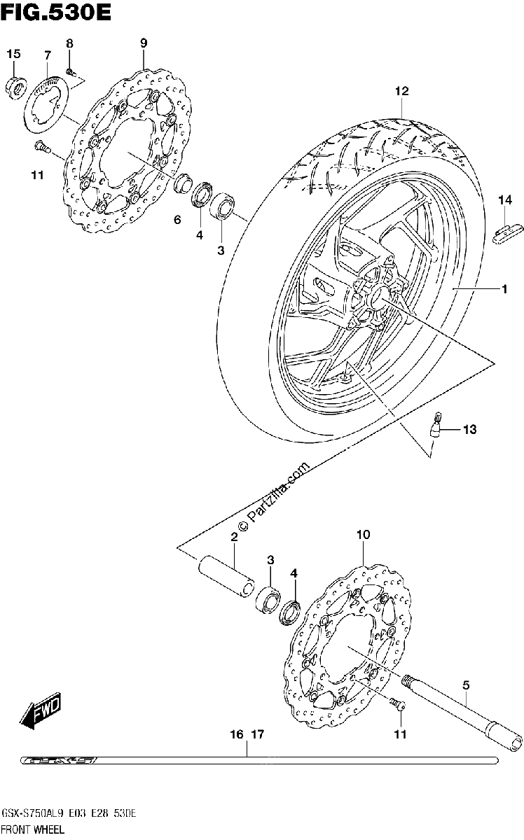 Diagrama de 530E FRONT WHEEL GSX S750YAL9 E33