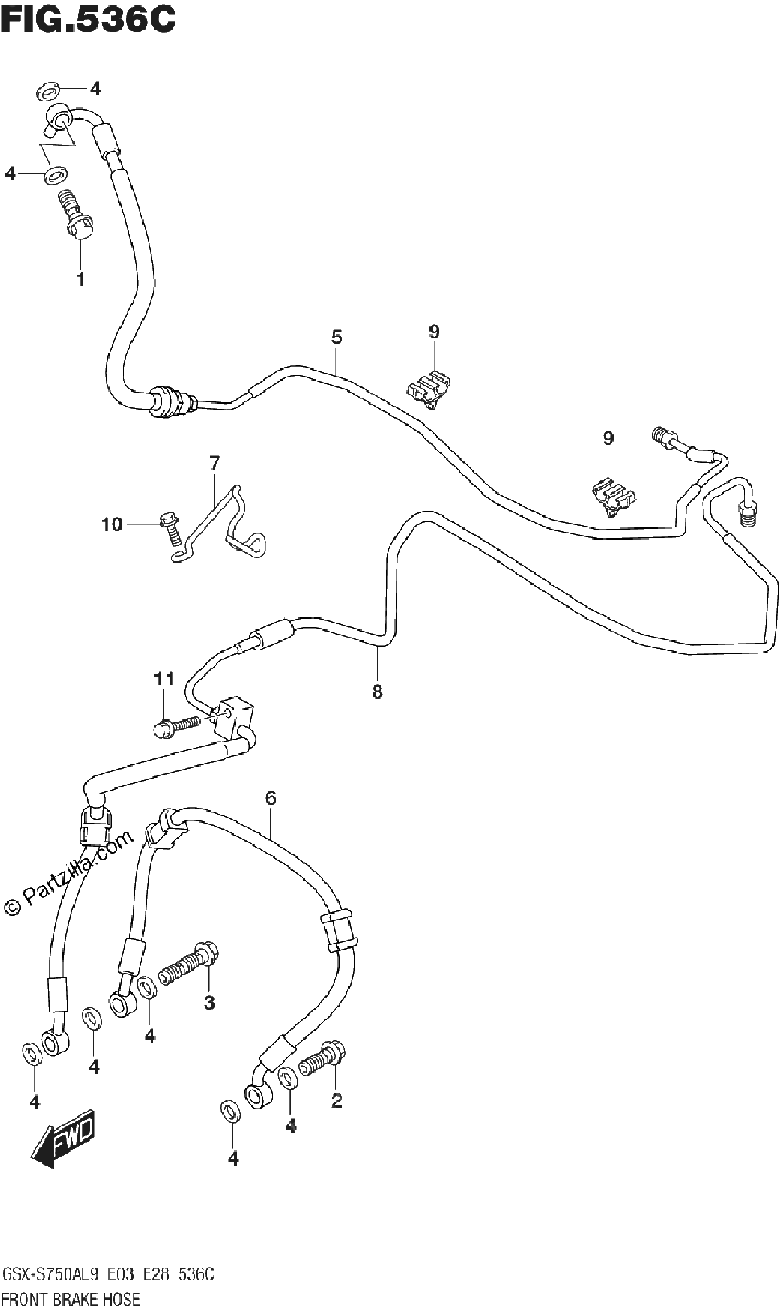 Diagrama de 536C FRONT BRAKE HOSE GSX S750AL9 E28