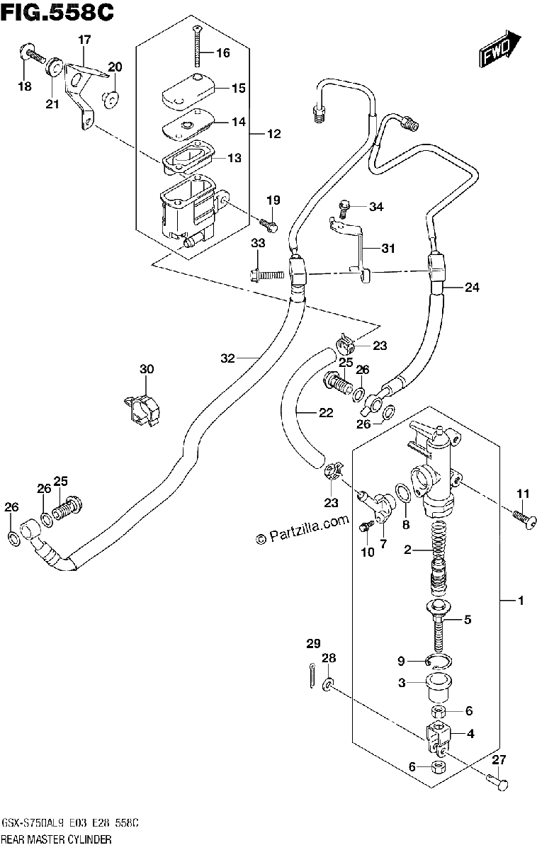 Diagrama de 558C REAR MASTER CYLINDER GSX S750AL9 E28