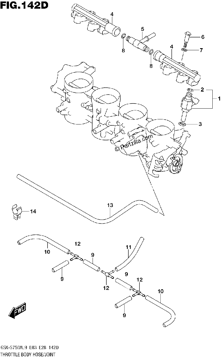 Diagrama de 142D THROTTLE BODY HOSE JOINT GSX S750YAL9 E28